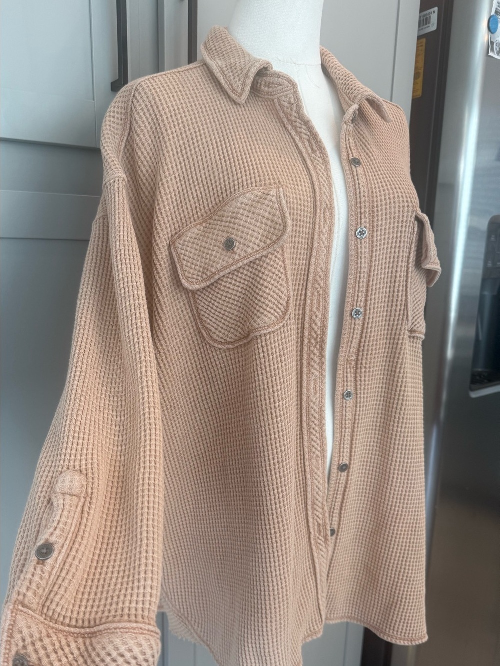 Aerie LumberJane Waffle Knit Oversized Shacket Button Front Beige Blush